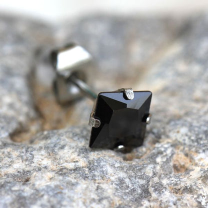 Pair of 316L Stainless Steel Black Princess Cut CZ Stud Earrings