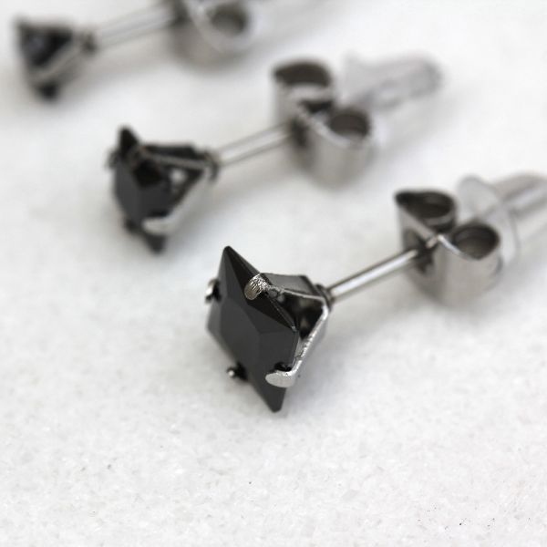 Pair of 316L Stainless Steel Black Princess Cut CZ Stud Earrings