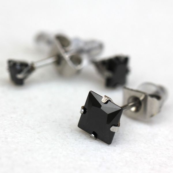 Pair of 316L Stainless Steel Black Princess Cut CZ Stud Earrings