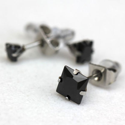 Pair of 316L Stainless Steel Black Princess Cut CZ Stud Earrings