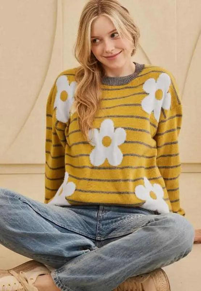 Sweaters Trendsi Flower Stripe Sweater Women's Fall Fashion Top Versatile Layering