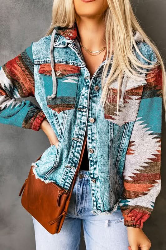 Denim Jacket - Geometric Print & Frayed Hem - Modern Chic Style