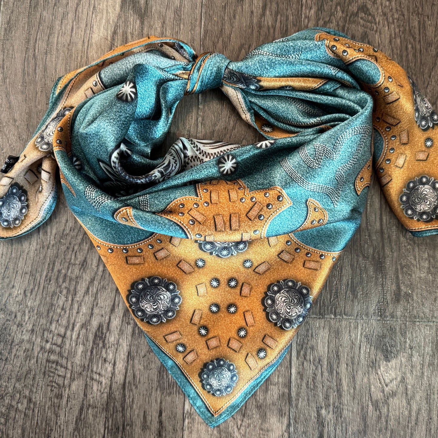 100% Silk Wild Rag Dusty Blue suede leather and conchos with boot stitch accents by Double B Wild Rags