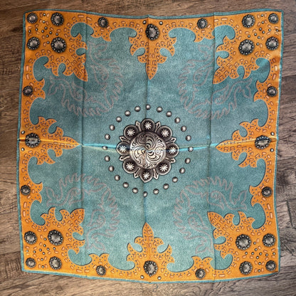 100% Silk Wild Rag Dusty Blue suede leather and conchos with boot stitch accents by Double B Wild Rags