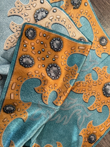 100% Silk Wild Rag Dusty Blue suede leather and conchos with boot stitch accents by Double B Wild Rags