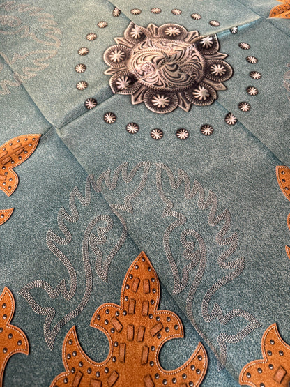 100% Silk Wild Rag Dusty Blue suede leather and conchos with boot stitch accents by Double B Wild Rags