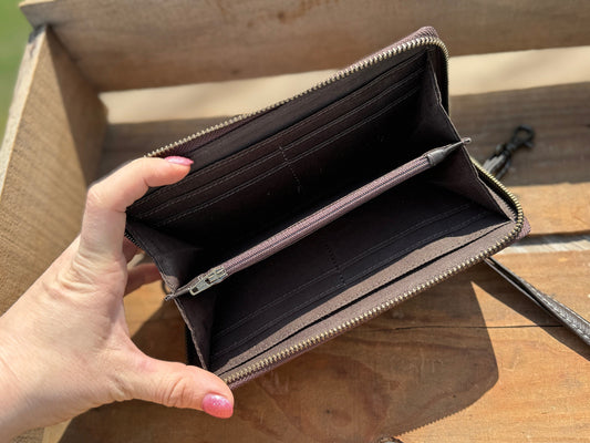 Western Wristlet wallet zipper closure tooled floral leather details