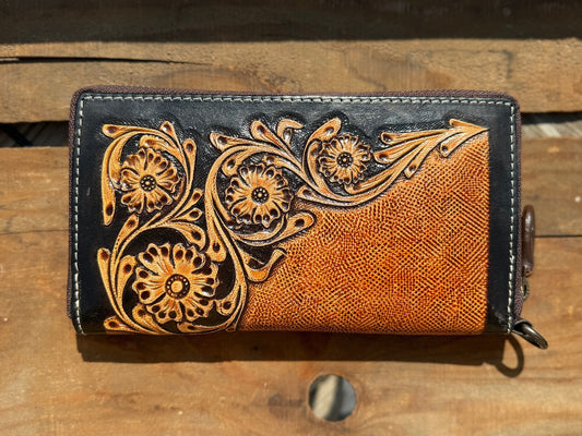 Western Wristlet wallet zipper closure tooled floral leather details
