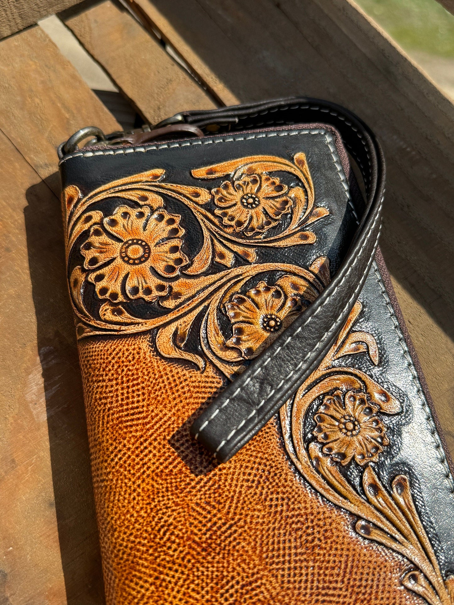 Western Wristlet wallet zipper closure tooled floral leather details