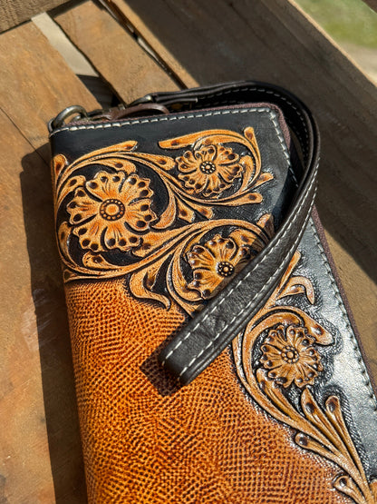 Western Wristlet wallet zipper closure tooled floral leather details