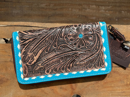 Western wallet zipper closure tooled floral leather turquoise details
