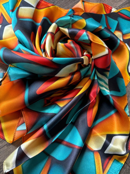 100% Silk Wild Rag Native American Indian Style Orange Teal and Yellow by Double B Wild Rags
