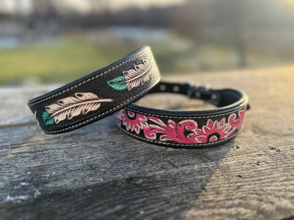 Western leather dog collar tooled Turquoise Feather or Pink Floral details by Double B Wild Rags