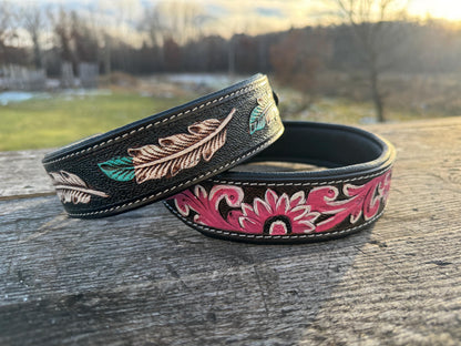 Western leather dog collar tooled Turquoise Feather or Pink Floral details by Double B Wild Rags
