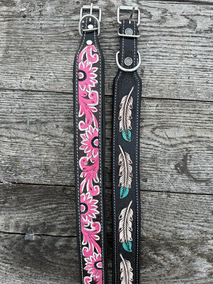 Western leather dog collar tooled Turquoise Feather or Pink Floral details by Double B Wild Rags