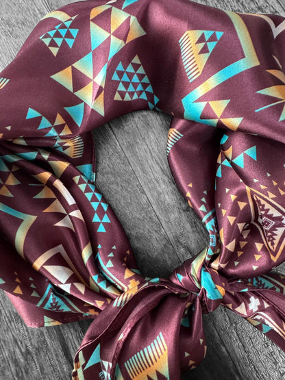 100% Silk Wild Rag Plum and Turquoise Native Tribal Print by Double B Wild Rags