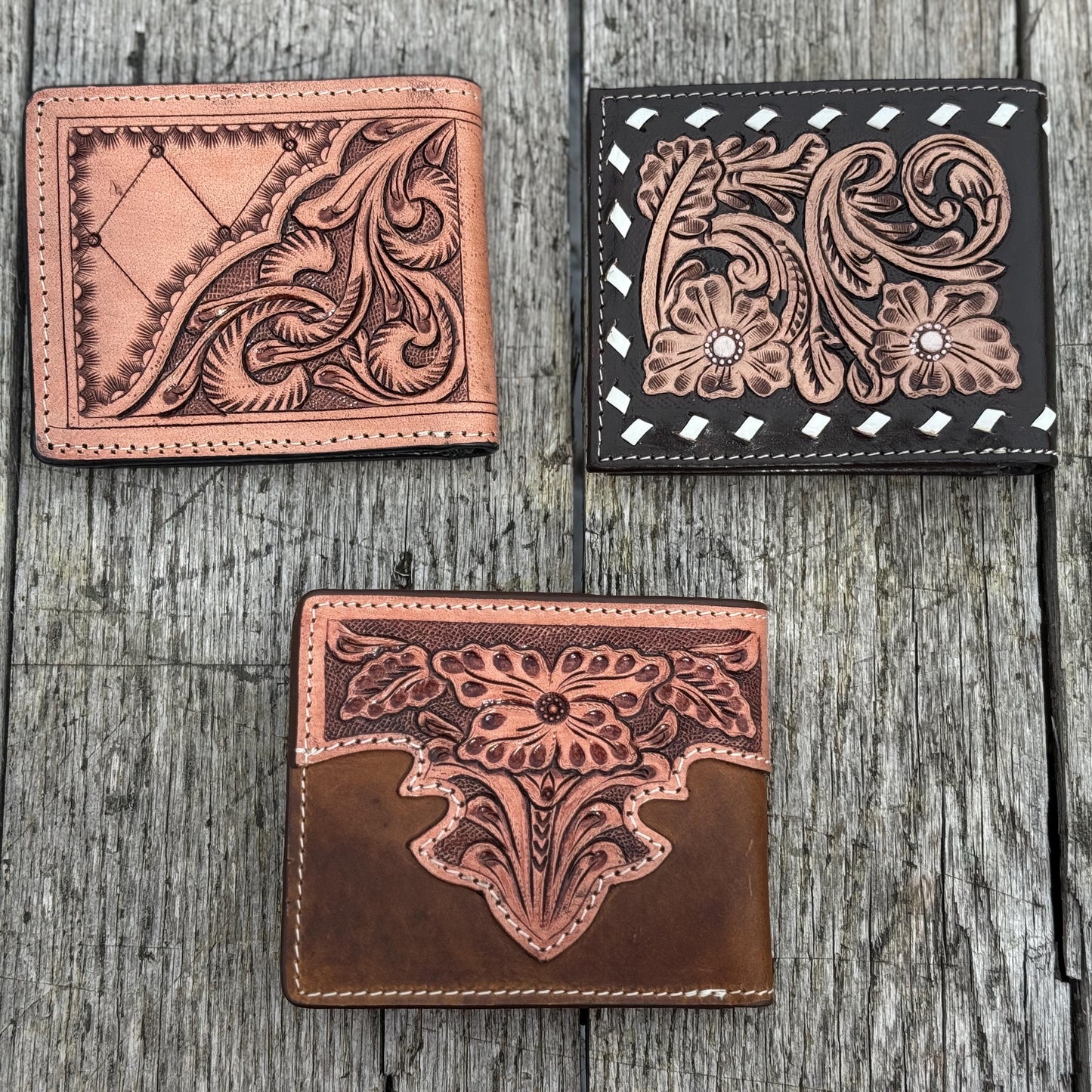 Men’s Western bi-fold wallet tooled floral Cow Skull Aces Cards