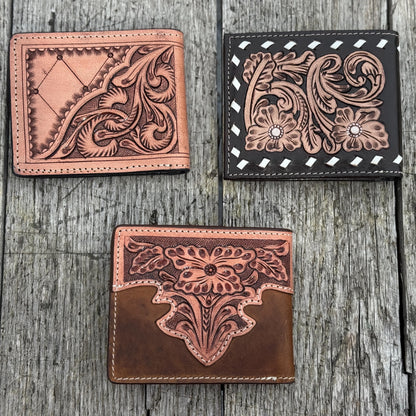 Men’s Western bi-fold wallet tooled floral Cow Skull Aces Cards