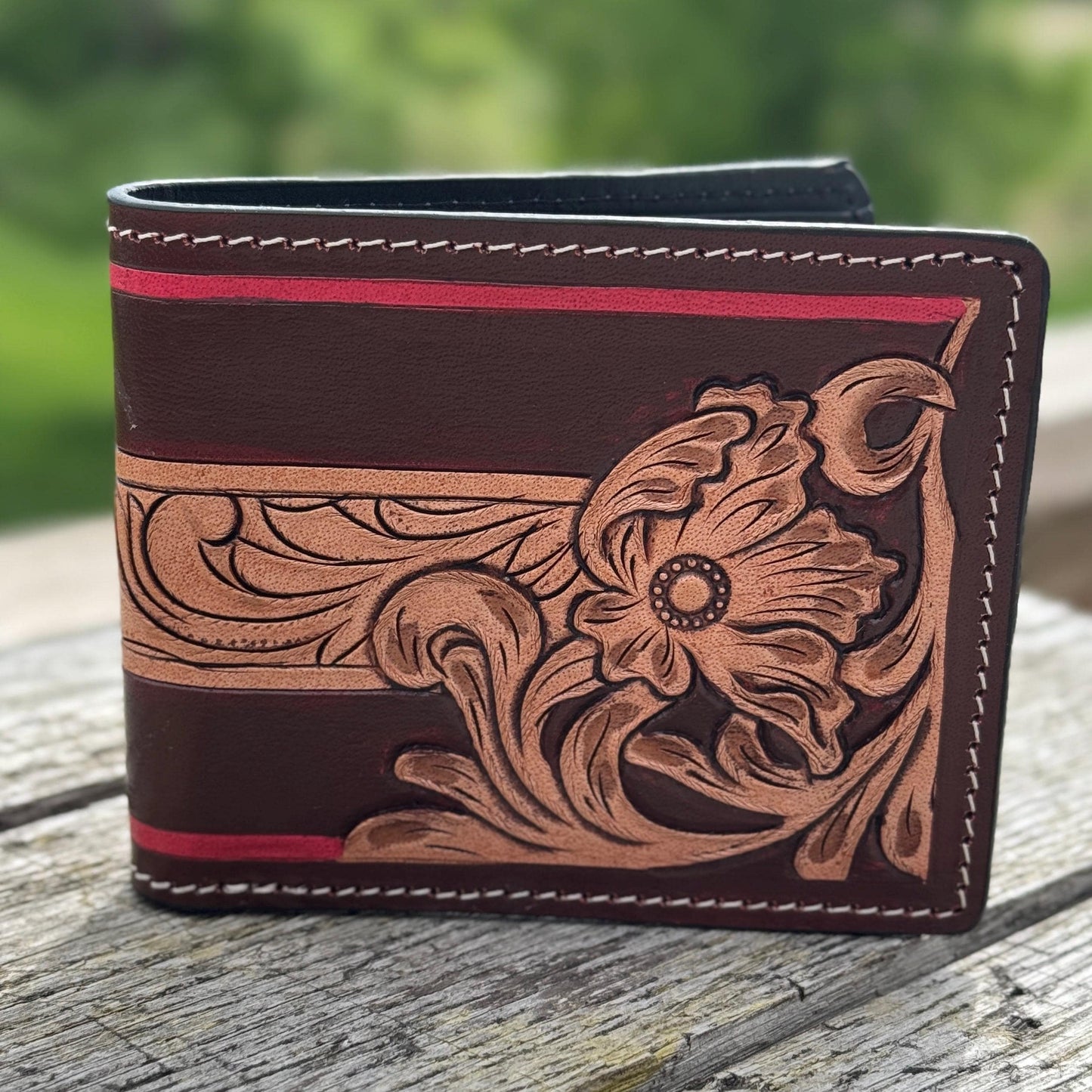 Men's Western bi-fold wallet tooled floral details