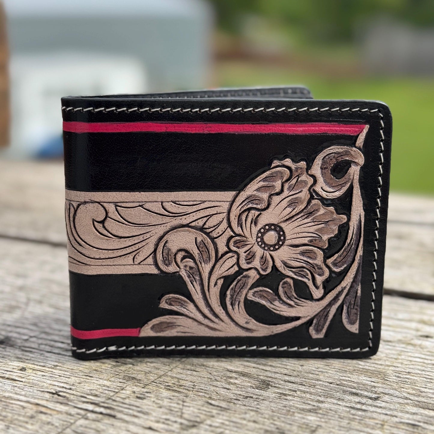 Men's Western bi-fold wallet tooled floral details