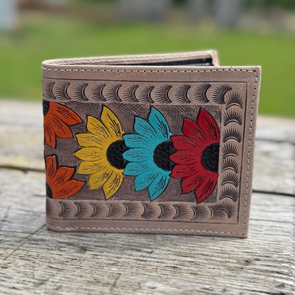 Men's Western bi-fold wallet tooled floral details