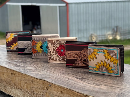 Men's Western bi-fold wallet tooled floral details