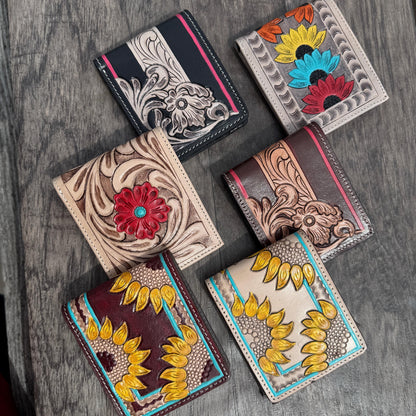 Men's Western bi-fold wallet tooled floral details