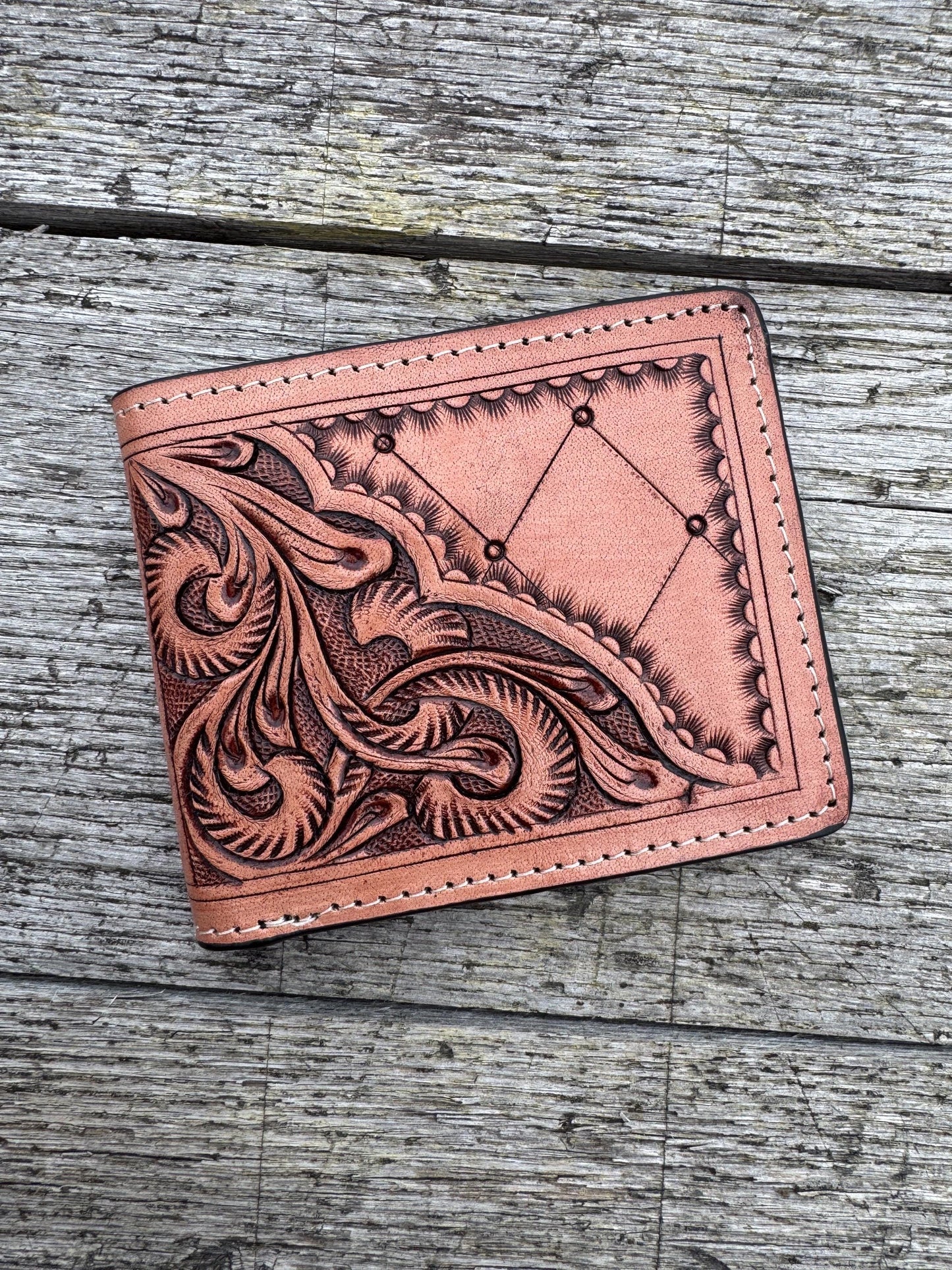 Men’s Western bi-fold wallet tooled floral Cow Skull Aces Cards