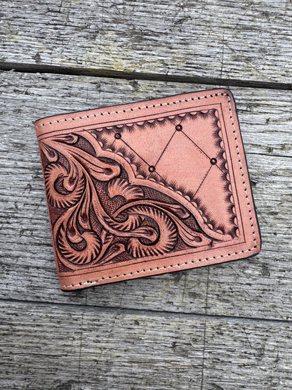 Men’s Western bi-fold wallet tooled floral Cow Skull Aces Cards