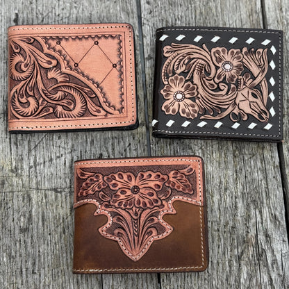 Men’s Western bi-fold wallet tooled floral Cow Skull Aces Cards