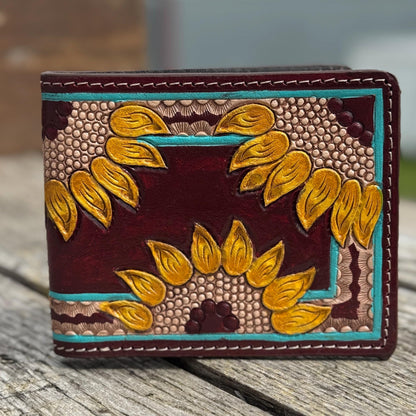 Men's Western bi-fold wallet tooled floral details