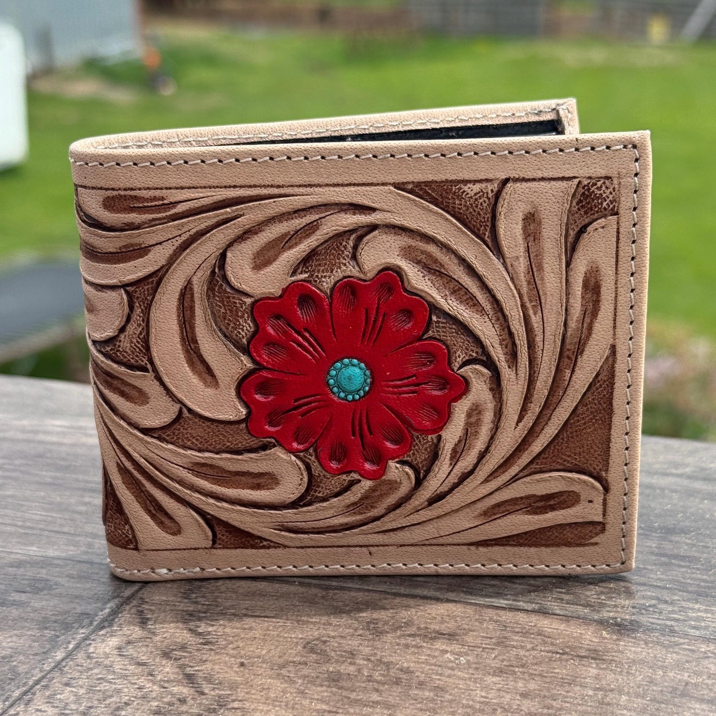 Men's Western bi-fold wallet tooled floral details