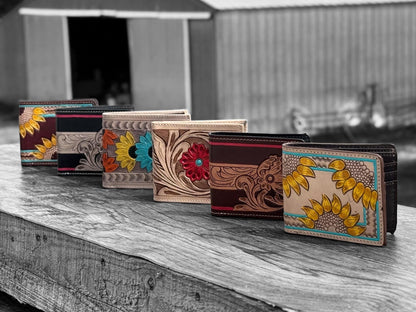 Men's Western bi-fold wallet tooled floral details
