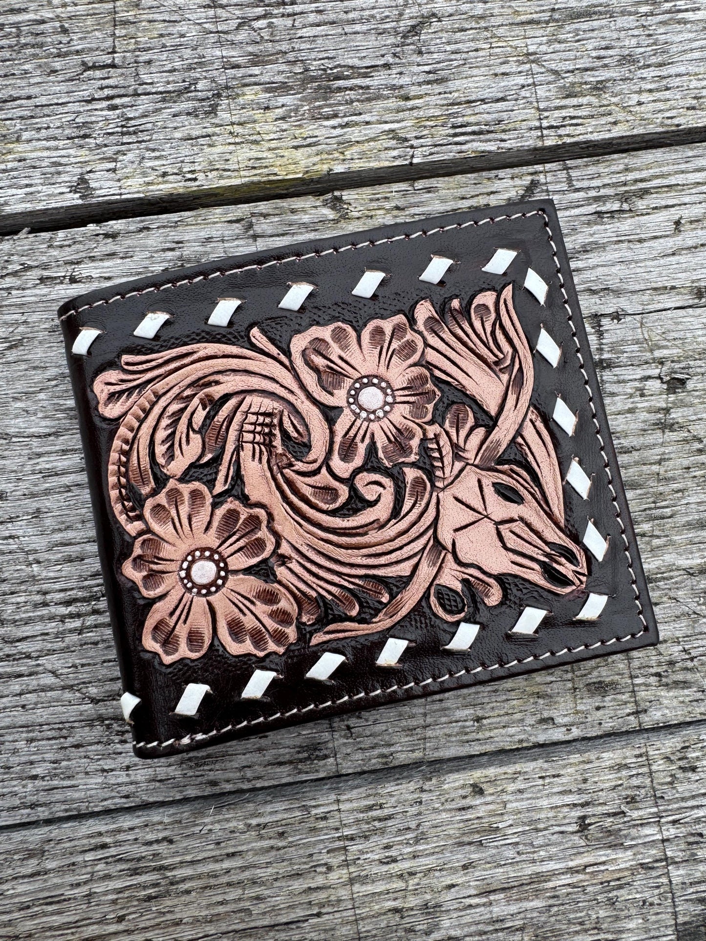 Men’s Western bi-fold wallet tooled floral Cow Skull Aces Cards