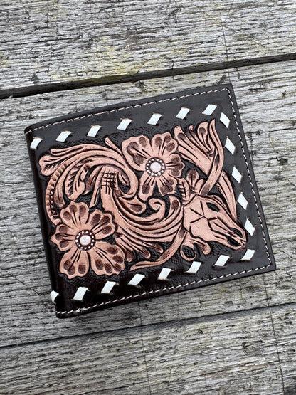 Men’s Western bi-fold wallet tooled floral Cow Skull Aces Cards
