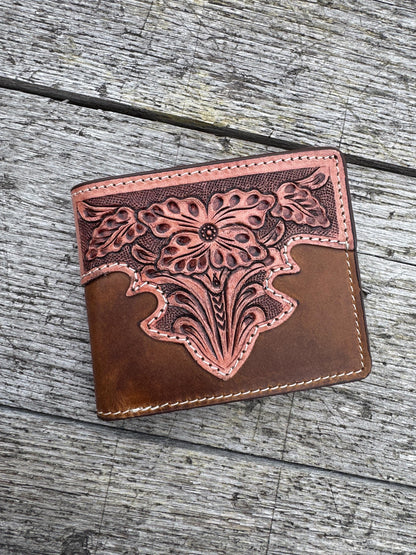 Men’s Western bi-fold wallet tooled floral Cow Skull Aces Cards