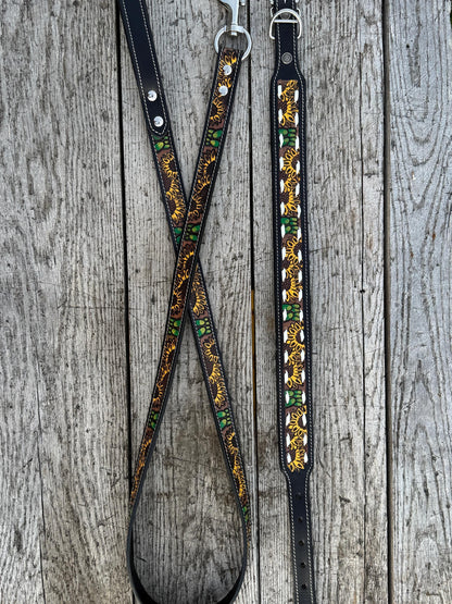 Western Genuine Leather dog collar or leash tooled details of sunflower daisy cactus floral turquoise feather by Double B Wild Rags