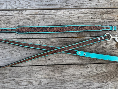 Western Genuine Leather dog collar or leash tooled details of sunflower daisy cactus floral turquoise feather by Double B Wild Rags
