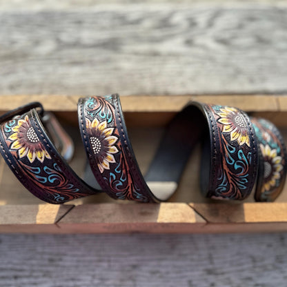 Genuine Leather Western Belt with dark tooled sunflowers and turquoise
