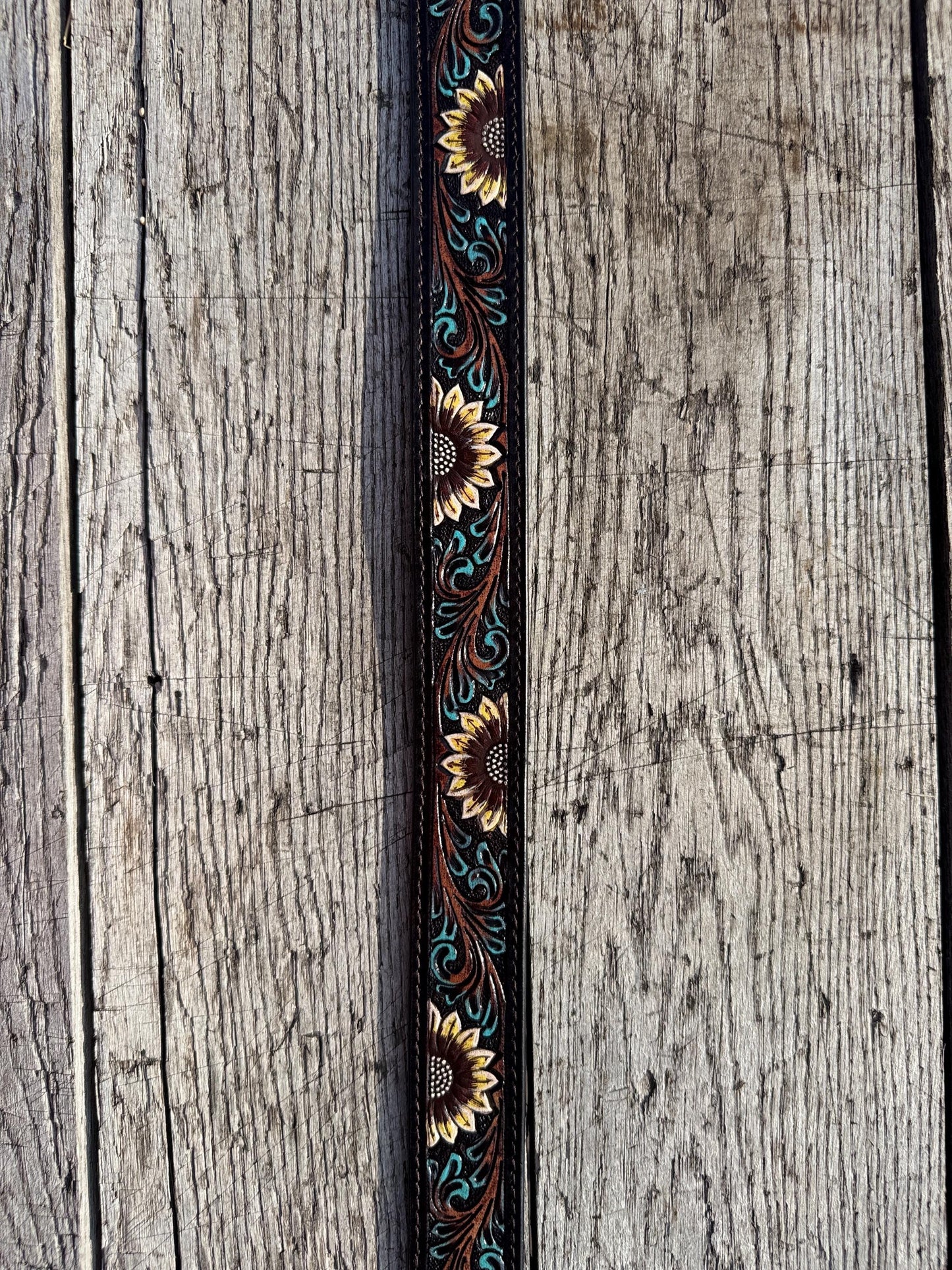 Genuine Leather Western Belt with dark tooled sunflowers and turquoise