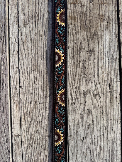 Genuine Leather Western Belt with dark tooled sunflowers and turquoise