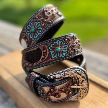 Genuine Leather Western Belt with cutout floral details