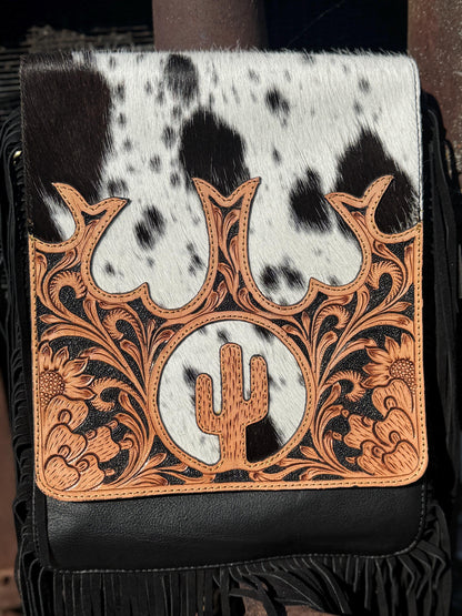 Genuine Western Cowhide Leather Purse and Wallet set with fringe and Cactus Tooling