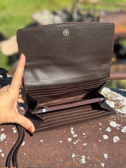 Genuine Western Cowhide Leather Purse and Wallet set with fringe and Cactus Tooling