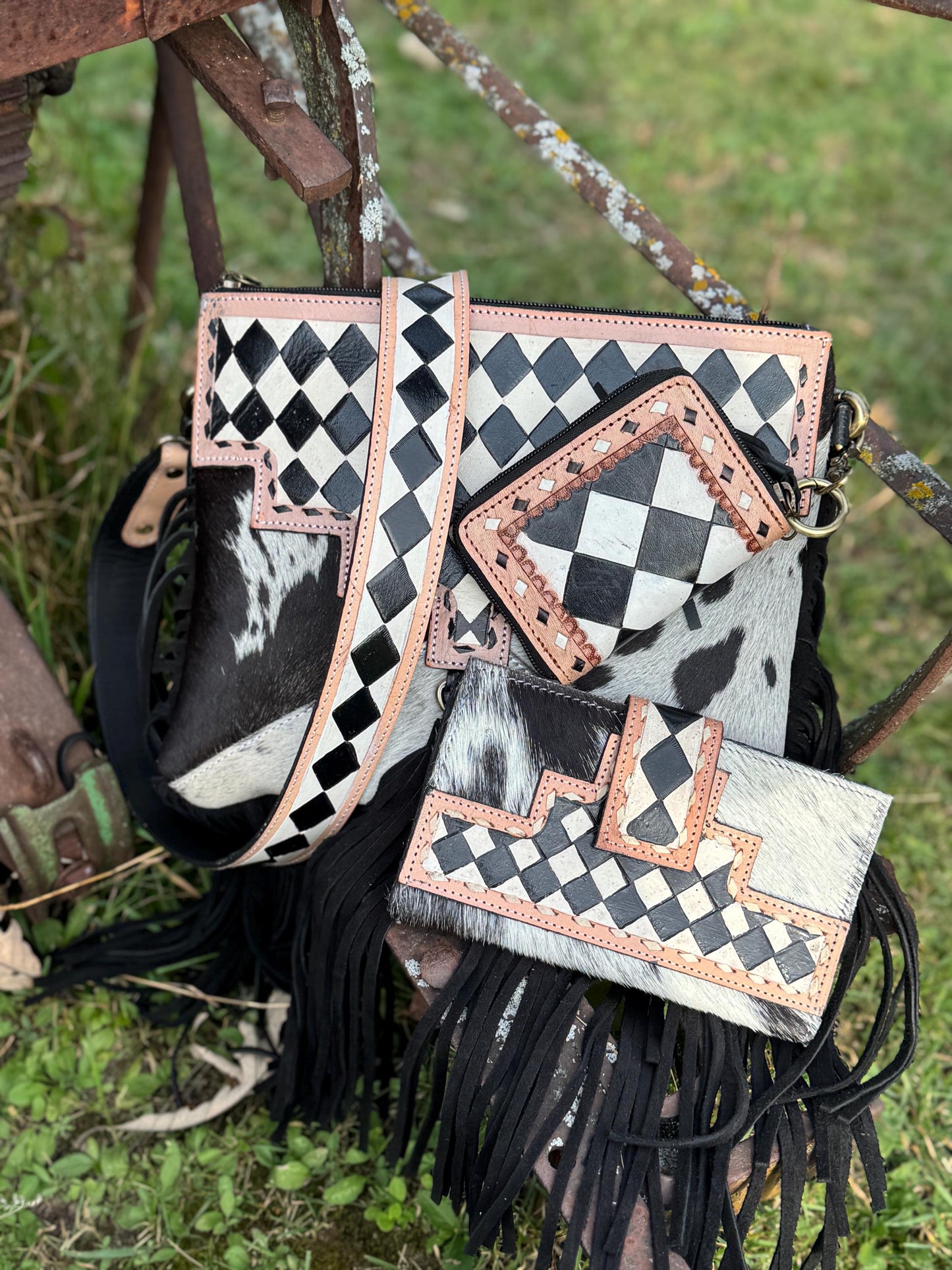 Checkered Black and White Genuine Western Leather Purse and Wallet Set by Double B Wild Rags