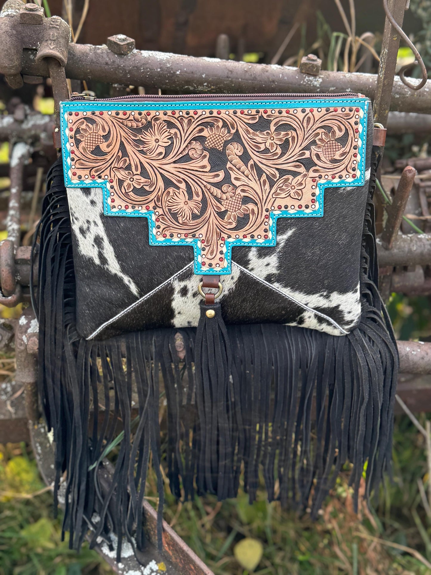 Black and Turquoise Genuine Western Cowhide Leather Purse with fringe by Double B Wild Rags