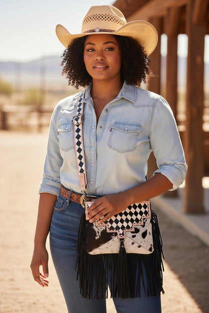 Checkered Black and White Genuine Western Leather Purse and Wallet Set by Double B Wild Rags