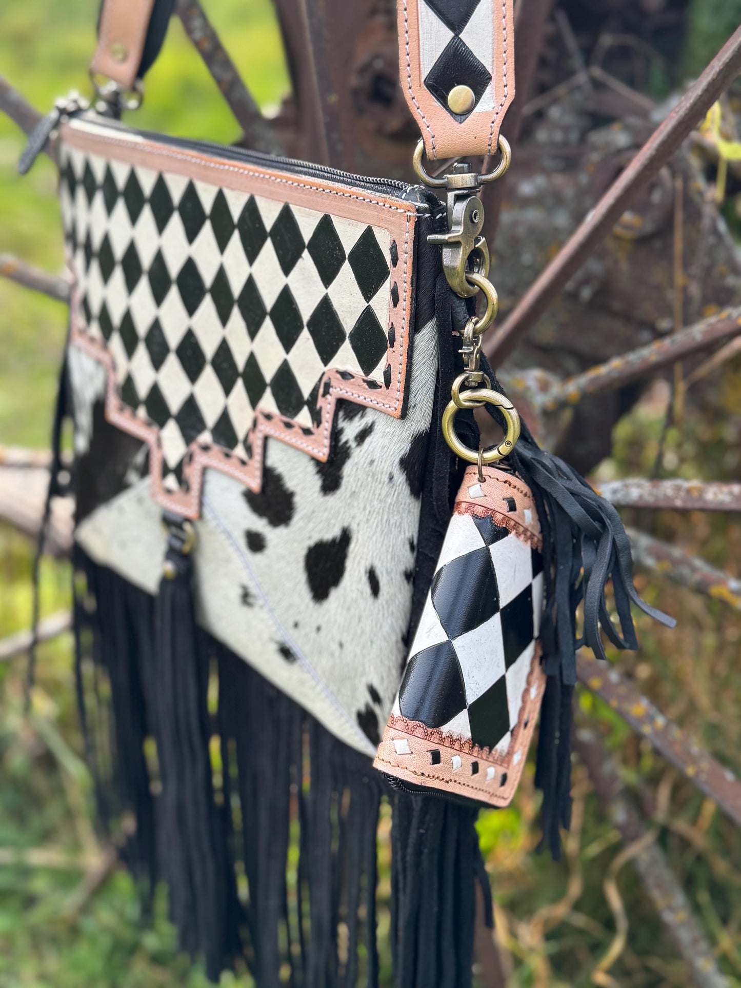 Checkered Black and White Genuine Western Leather Purse and Wallet Set by Double B Wild Rags