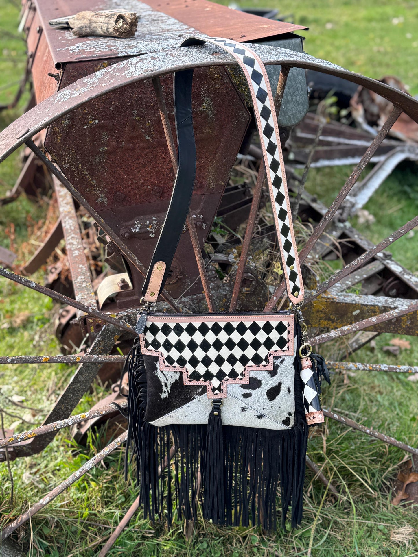 Checkered Black and White Genuine Western Leather Purse and Wallet Set by Double B Wild Rags