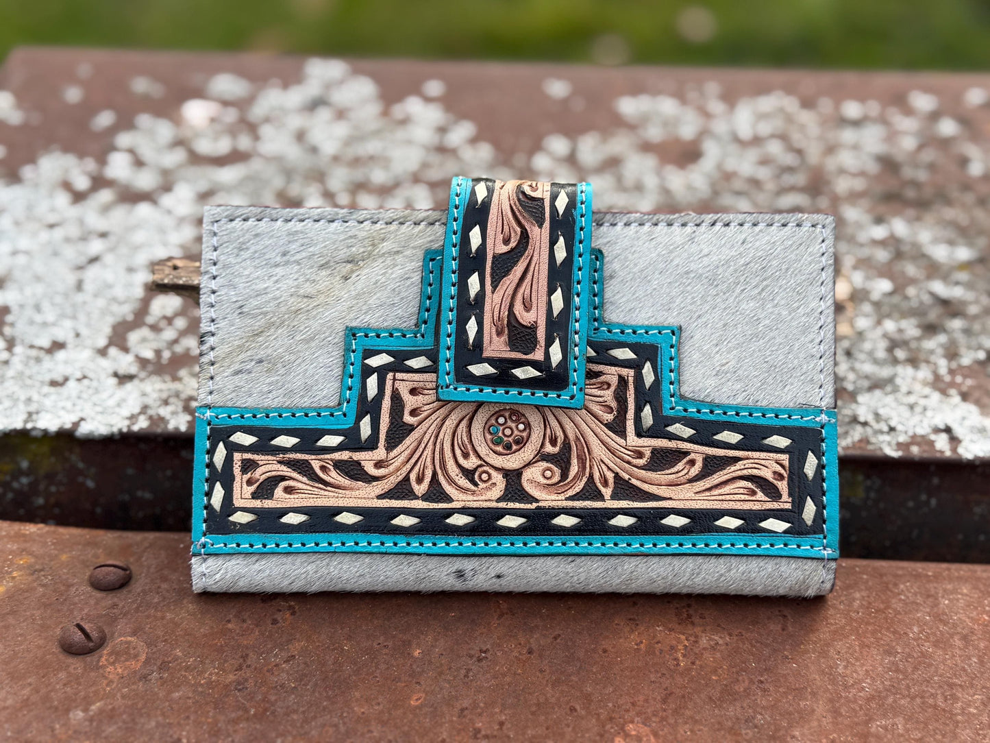 Black and Turquoise Genuine Western Cowhide Leather Purse with fringe by Double B Wild Rags